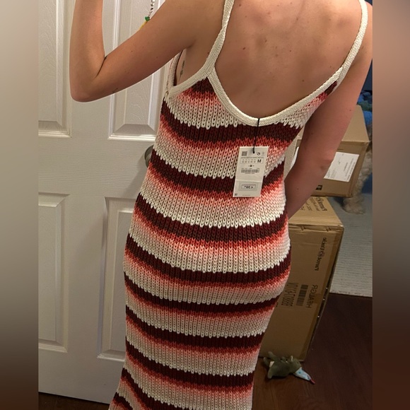 Zara Striped Knit Tie Strap Red Combo Midi Dress NWT - Picture 2 of 4